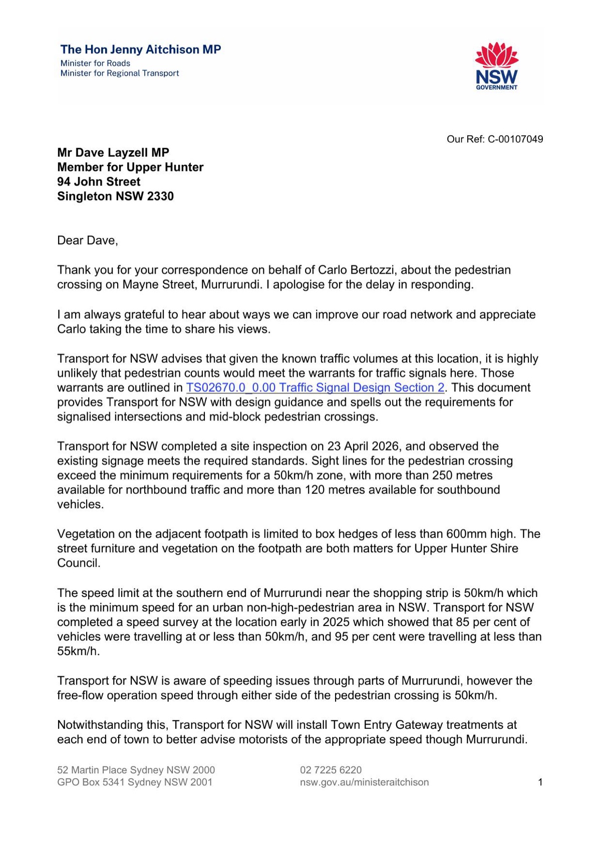 Page 1 of the signed response letter from the Hon Jenny Aitchison MP, Minister for Roads, dated 25 May 2026