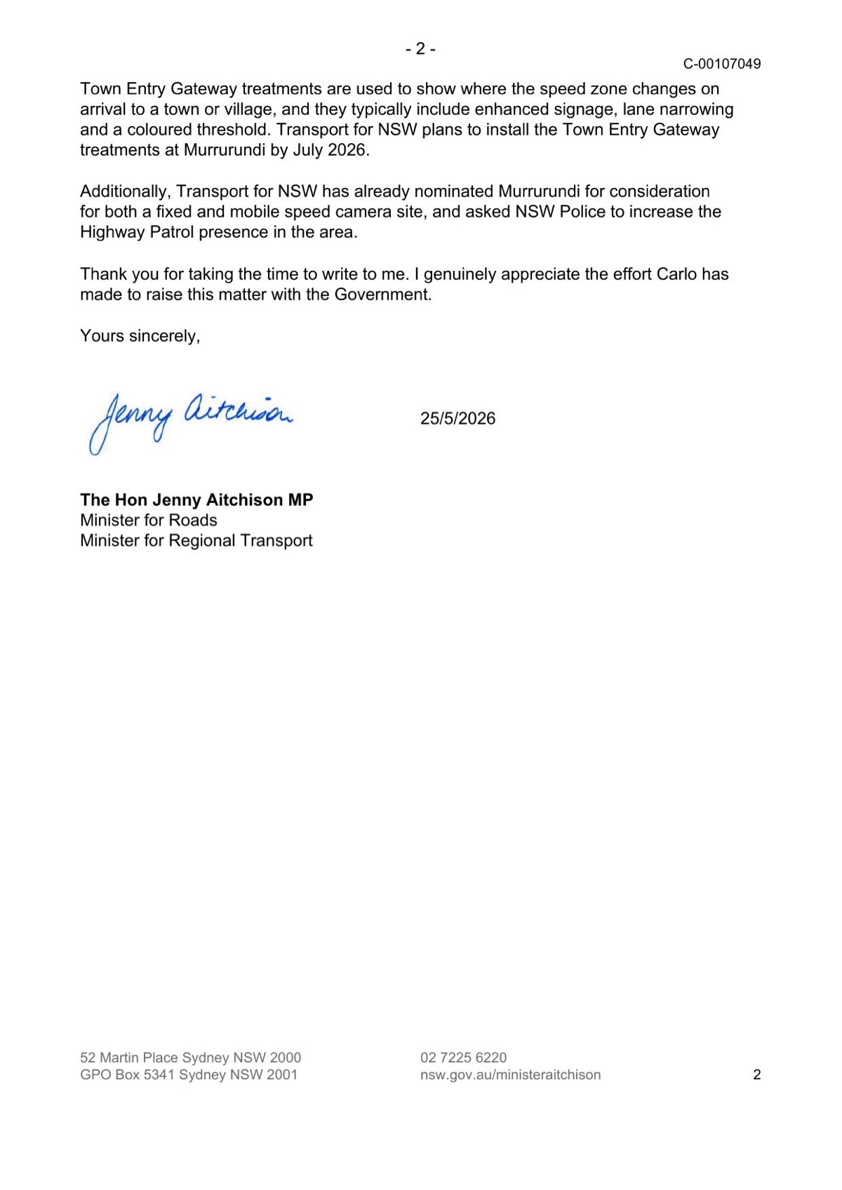 Page 2 of the signed response letter from the Hon Jenny Aitchison MP, dated 25 May 2026